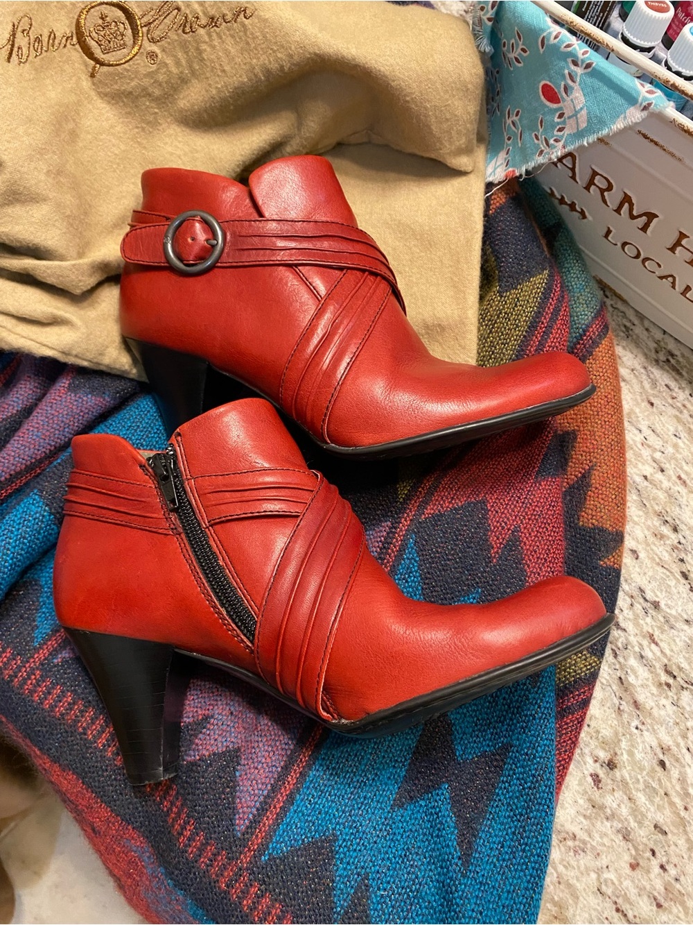 Born Red Leather Ankle Booties with Decorative Buckle Side Zip with Dust Bags - Picture 5 of 9
